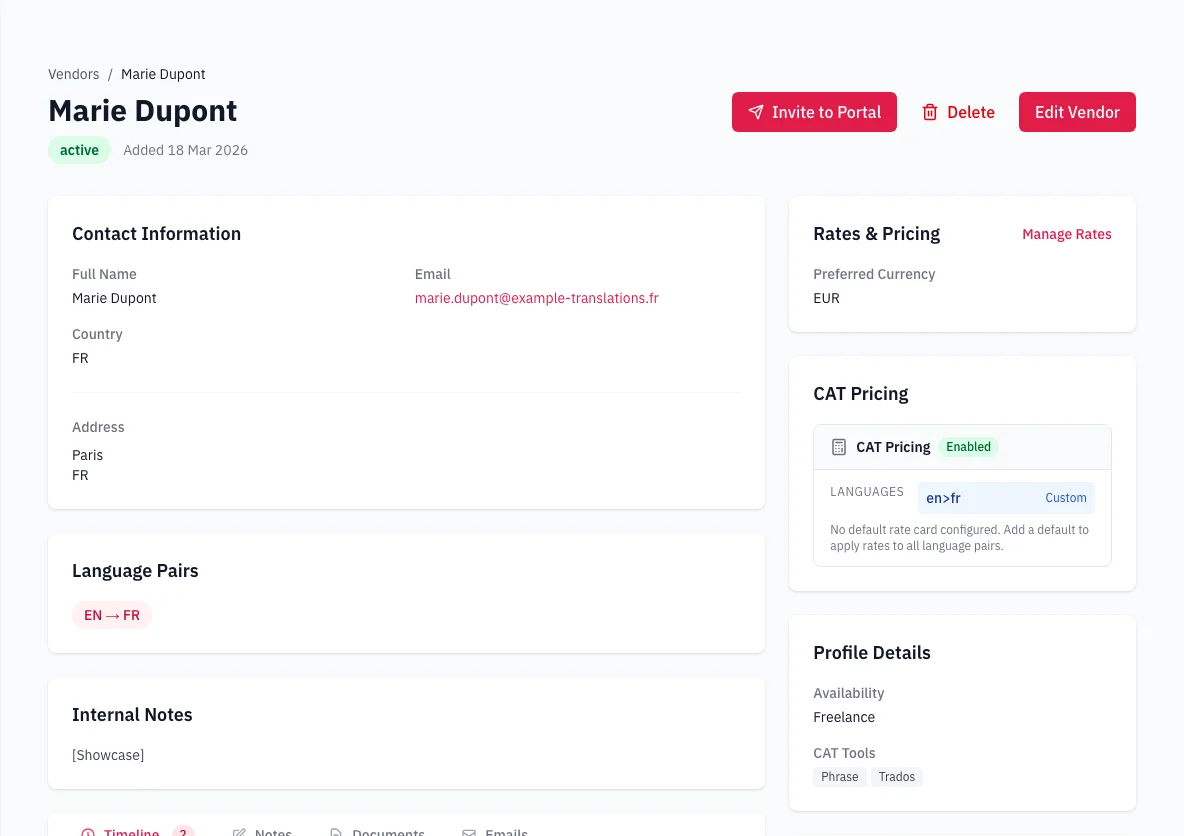 Screenshot of Vendor Details